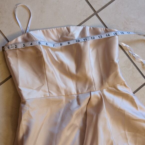 Alfred Sung Strapless Satin Gown Draped Front Slit Pockets Champagne 6 - Picture 9 of 14